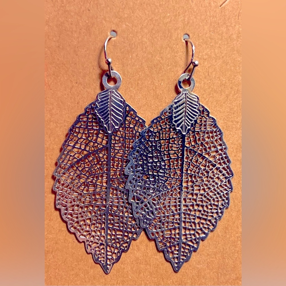Silver Finish Leaf Dangle Earrings
